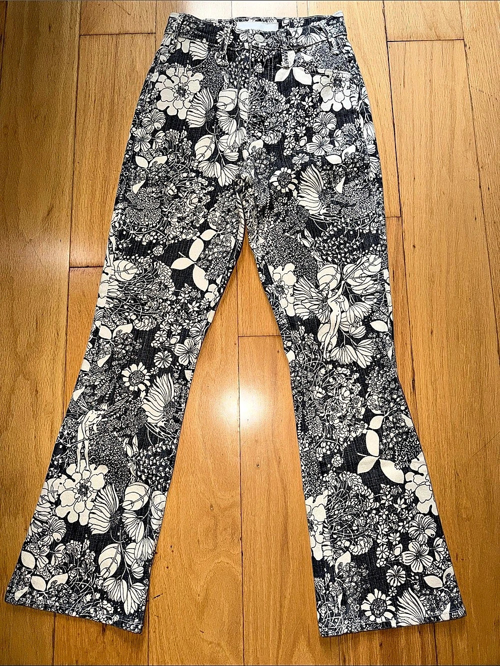 Mother Superior Floral Flare Pants in Black & White Fairy Print NWT
